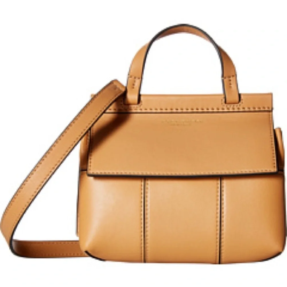 Tory Burch Block T Mini Satchel Bag Light Tan Leather Handbag Top Handle 2 Ways - Picture 1 of 17